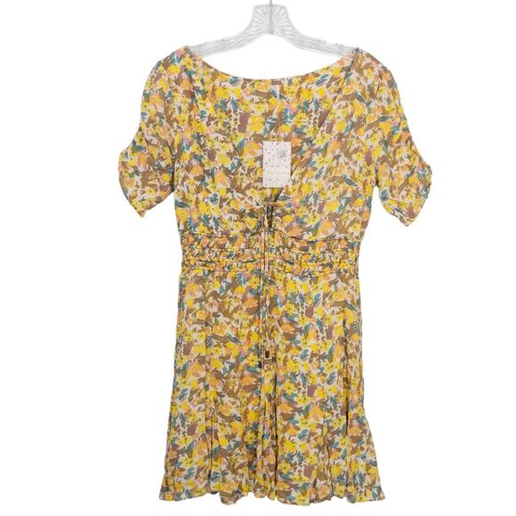 Free People Sz 6 Forget Me Not Dress Yellow Floral Print Mini Nwt - Picture 2 of 16